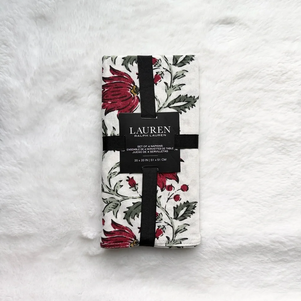 NWT Lauren Ralph Lauren Set of 4 Cloth Napkins Floral Holiday 20”x20”